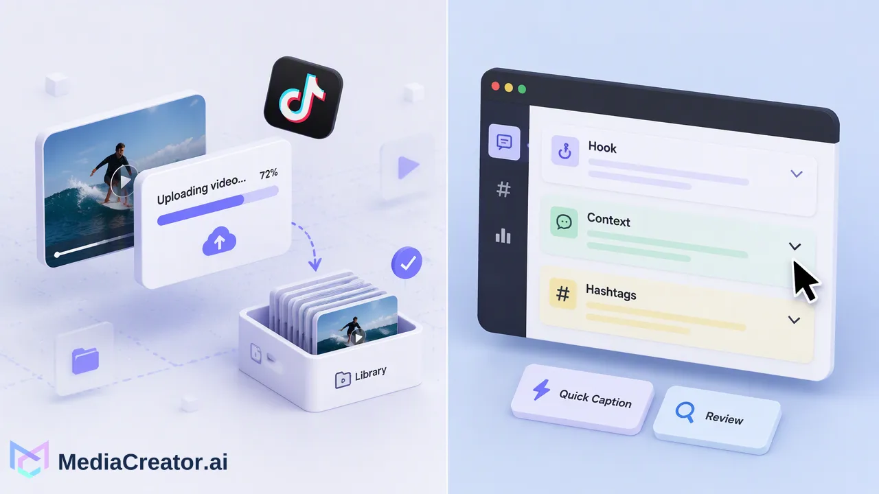 Comment programmer des publications TikTok depuis un ordinateur - Connectez TikTok via OAuth, préparez la vidéo et la légende, choisissez un créne...